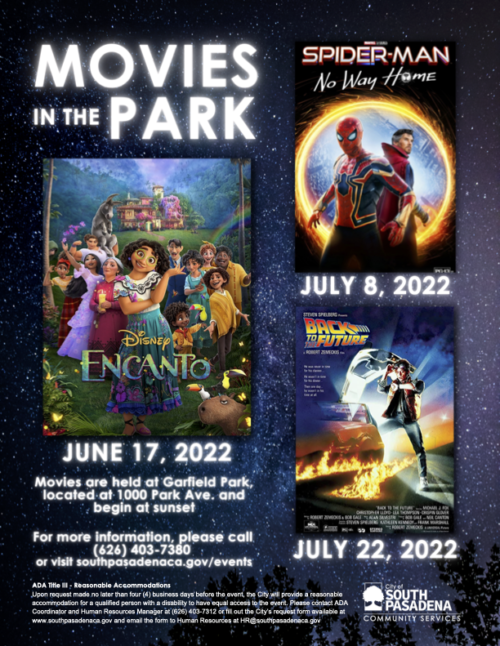 City of South Pasadena Summer 2022 Movies in the Park The South