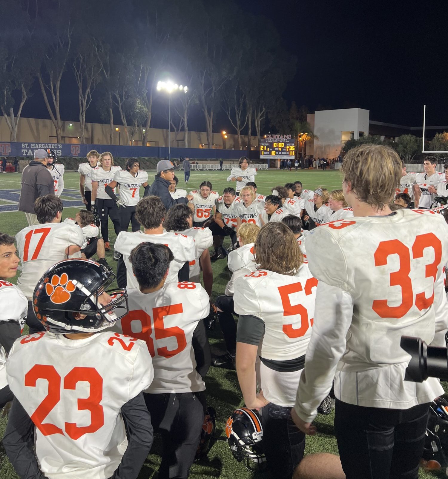PHOTO: Anthony Chan | SPHS Tigers Football | coach Jeff Chi talking to his team after 35-21 CIF quarterfinal victory over St. Margaret’s Friday night.