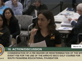 PHOTO: South Pasadena City Council Meeting Live Feed | SPEF President Emilia Aldana giving public comment March 20, 2024 about how the PartiGras event benefits the city, residents, businesses, parents, and students.