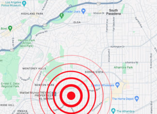 Monday Earthquake USGS Modified: 34.086°N 118.168°W. Location is South/Southwest of South Pasadena, near Huntington Drive.