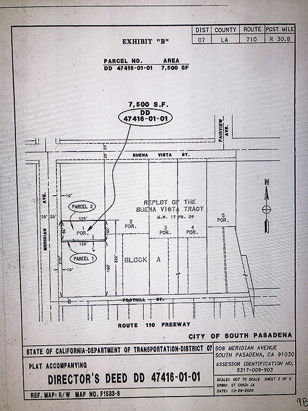 Exhibit from California Transportation Commission Director Deed 47416-01-01, showing a line drawing of the location of the Sorenson lot within the Garfield House parcel at Buena Vista St. and Meridian Ave.
