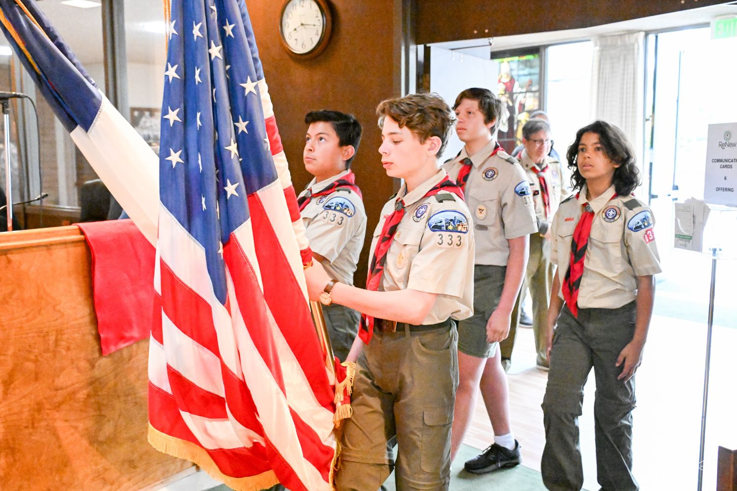 PHOTO: J. Mike Kwok | The South Pasadenan | Boy Scout Troop 333 at the Prayer Breakfast performing the Color Guard Ceremony.