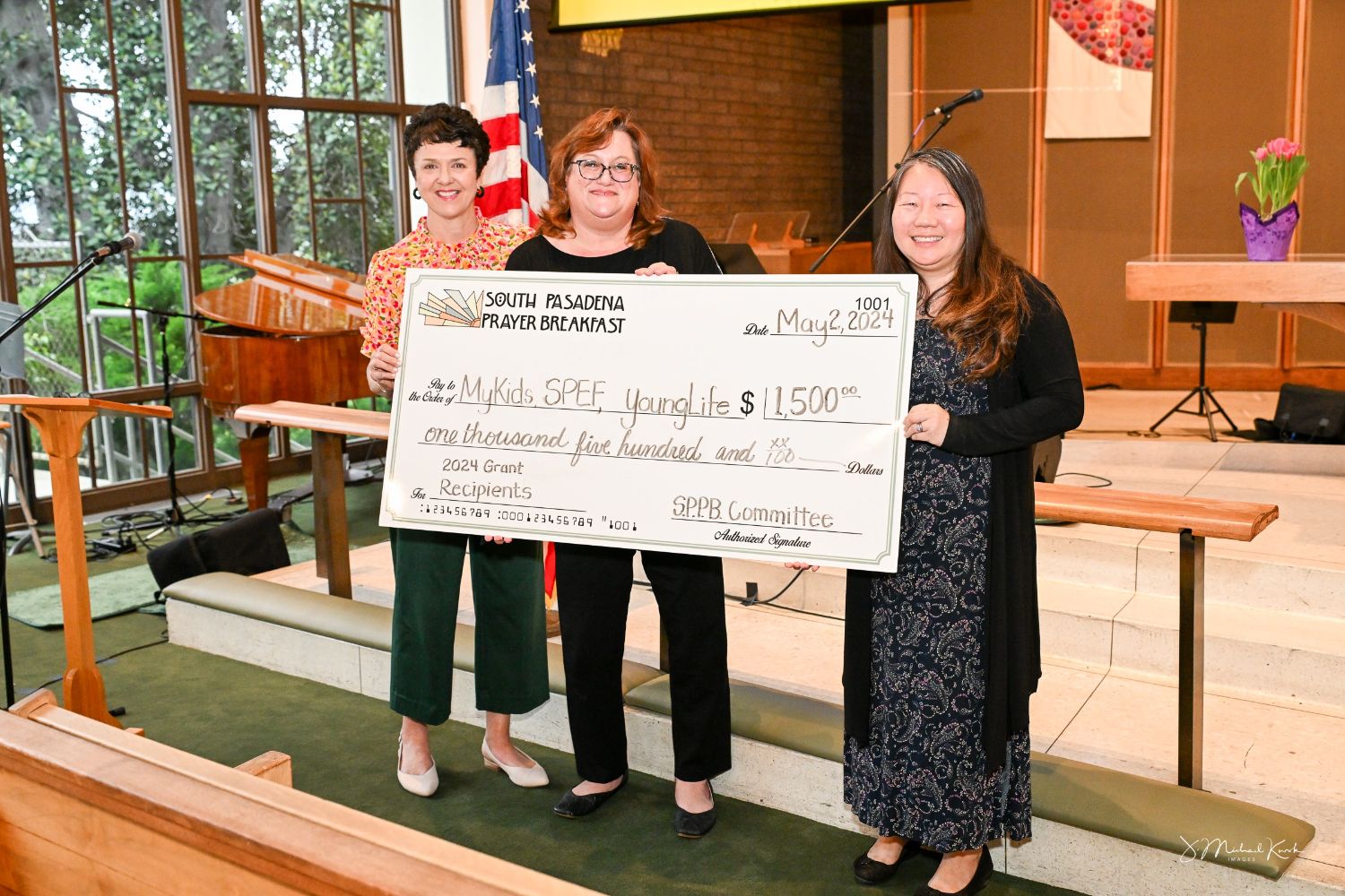 PHOTO: provided by Karen Kano | The South Pasadenan | L-R SPPB Chair Nancy Norris, SPEF executive director Stacey Petersen, SPEF board member Grace Liu Kung as SPEF receives $1500 grant for SPHS and SPMS Wellness Centers.