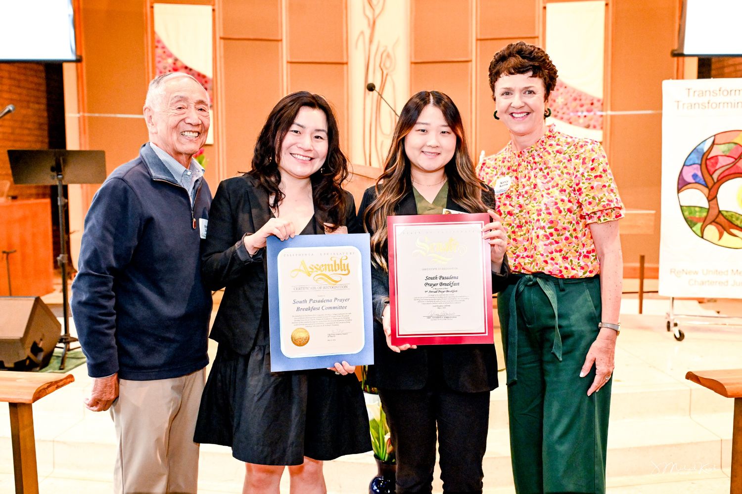 PHOTO: J. Mike Kwok |  South Pasadenan |  Former Mayor and SPPB Committee Member Bob Joe, Jessica Tang, Erica Nam and SPPB President Nancy Norris.  Representatives of Assembly Member Mike Fong and Senator Anthony Portantino (respectively) present certificates of appreciation to the South Pasadena Prayer Breakfast committee.