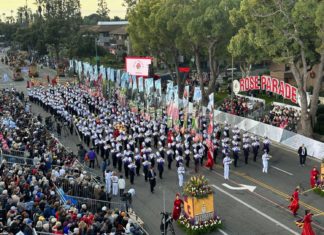 PHOTO: Bill Glazier | The South Pasadenan | The 345-member West Chester ‘Incomparable’ Golden Rams Marching Band, from West Chester, Pennsylvania provided lively sounds and color to the parade. artist Jordan Sparks closed out the two-hour parade with a three-song perfomance.