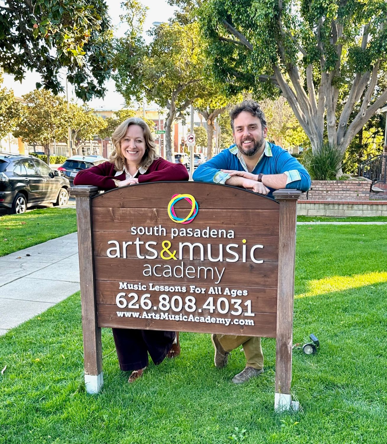 PHOTO: provided by SPAMA | The South Pasadenan | Co-owners and directors of SPAMA, Rebecca Ward and Jonathan Dinerstein pictured out front of South Pasadena Arts and Music Academy in South Pasadena. 