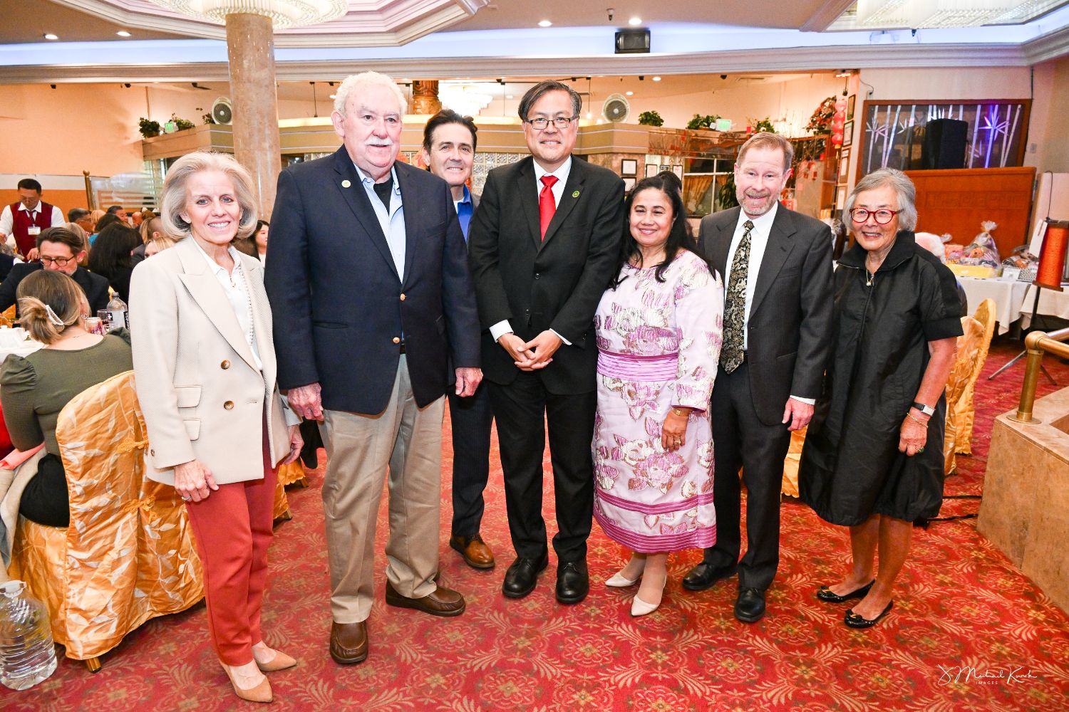 PHOTO: J. Michael Kwok | The South Pasadenan | Officials pose for a photo at the SPCC Gala Chinese Banquet with Assemblymember Mike Fong, District 49, who represents South Pasadena. From L-R are Janet Braun, city councilmember; Jack Donovan, mayor pro tem; Michael Cacciotti, city councilmember; Fong; Evelyn Zneimer, mayor; Jon Primuth, city councilmember; and Carol Liu, state senator, SD 25, retired.