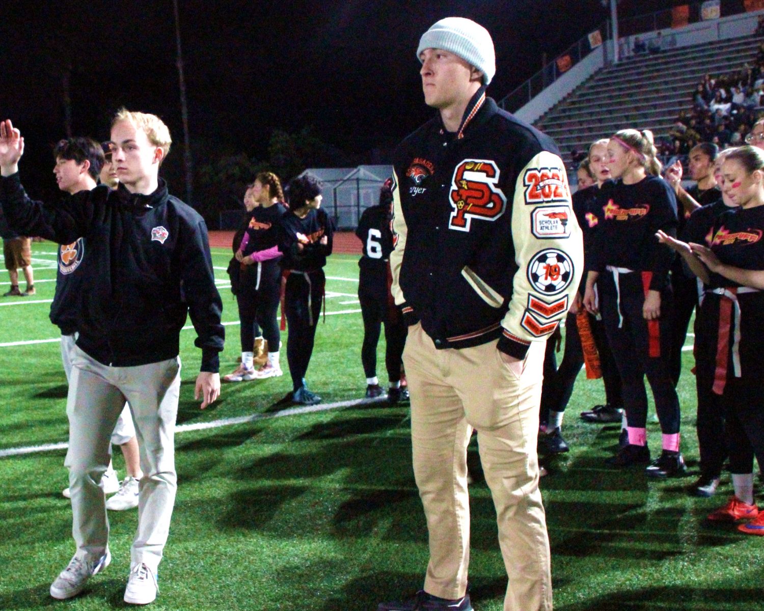 PHOTO: Henk Friezer | The South Pasadenan | SPHS Varsity football players seen on the field coaching the PowerPuff 2024 teams at Roosevelt Field, Friday March 1. 
