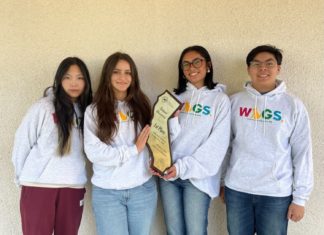 PHOTO: provided by South Pasadena High School | The South Pasadenan | From left: Doreen Hu, Kayla Johnson, Isha Zafra, and Ryan Wong make up the Virtual Enterprise Branding team for Wags that won first place in California.