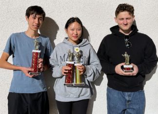 PHOTO: provided by Chris Herrin | The South Pasadenan | From left to right: Emilio Lois, Paige Tang, and Sam Whitman display their 2024 Speech and Debate awards.