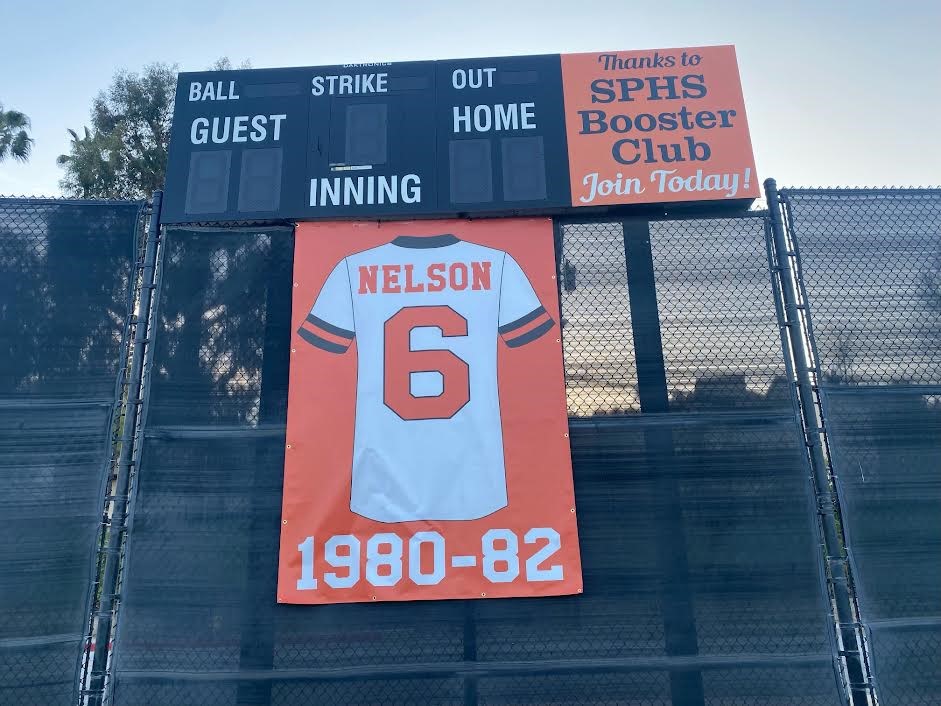 PHOTO: CB Richards | The South Pasadenan | Rob Nelson was honored this week, as his number 6 was unveiled in centerfield at South Pasadena High’s baseball field. Nelson was a three-year starter at first base for South Pasadena High from 1980-82 who later went on to play major League Baseball. He was joined by family, friends and players from both South Pasadena and Temple City High, where he serves as the team’s head coach.