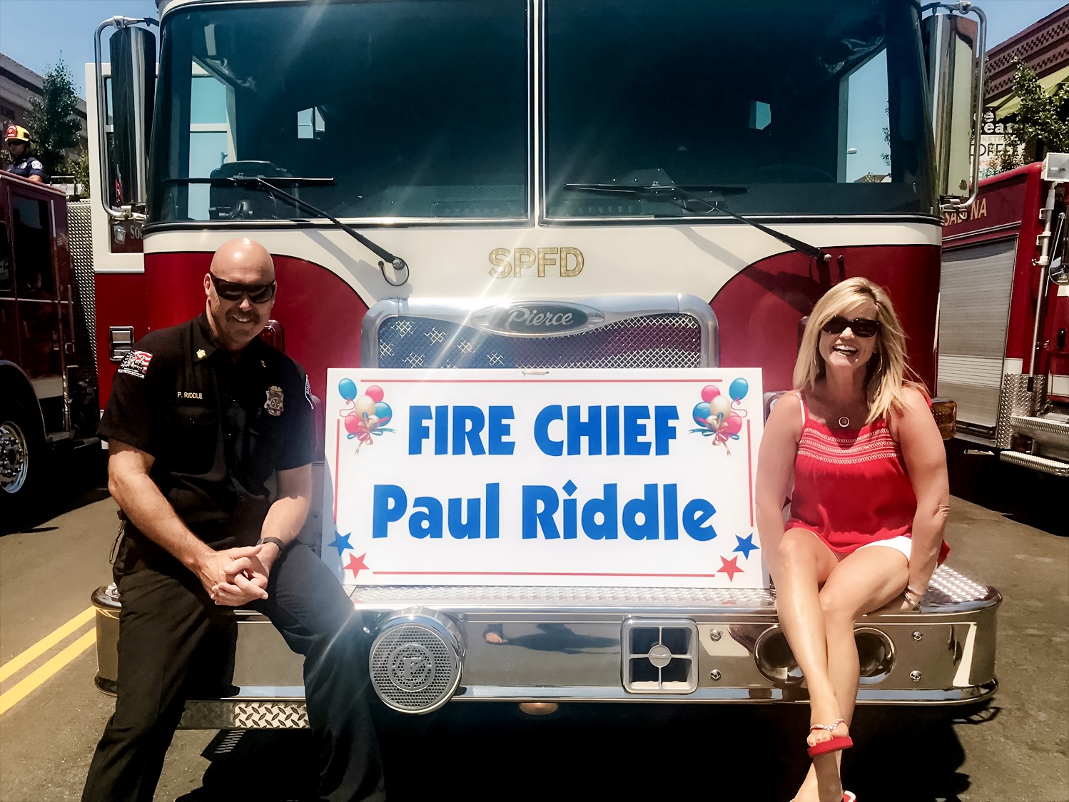 PHOTO: provided by Paul Riddle | The South Pasadenan | Fire Chief Paul Riddle and his wife, Lynn, about to ride Engine 81 down the 4th of July parade route in 2023.