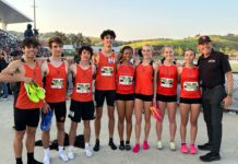PHOTO: provided by Mike Parkinson | SPHS distance relay teams pictured with Coach Mike Parkinson at Mt. Sac. l-r: Adam Ruiz, Peter Dickinson, Michael Scarince, Keeran Murray, Mia Holden, Abby Errington, Saidbh Byrne, Rose Vandevelde, Coach Mike Parkinson.
