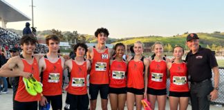 PHOTO: provided by Mike Parkinson | SPHS distance relay teams pictured with Coach Mike Parkinson at Mt. Sac. l-r: Adam Ruiz, Peter Dickinson, Michael Scarince, Keeran Murray, Mia Holden, Abby Errington, Saidbh Byrne, Rose Vandevelde, Coach Mike Parkinson.