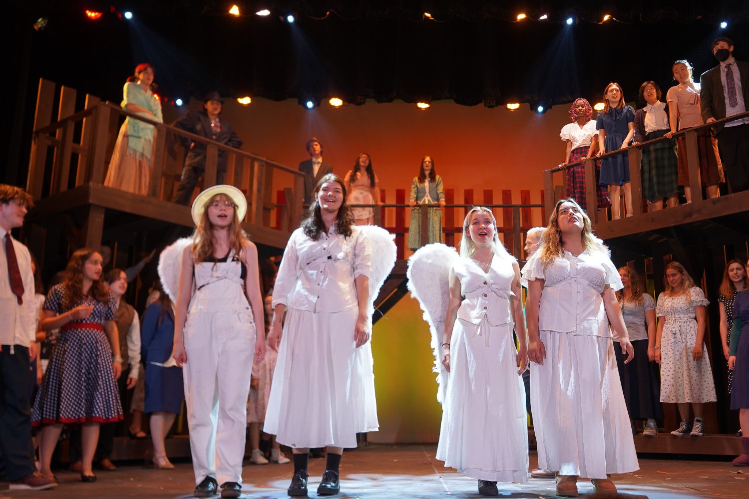 PHOTO: Emiko Essmiller | The South Pasadenan | Victoria Abelev, Sophia Swallow, Lucia Benning, Milla Sanchez-Regalado and the cast of Bright Star on stage at South Pasadena High School's Anderson Auditorium.