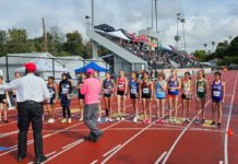 PHOTO: provided by CB Richards | The South Pasadenan | High school track and field athletes on the starting line for the 1600m race at the 2024 Tiger Invitational at South Pasadena High School.