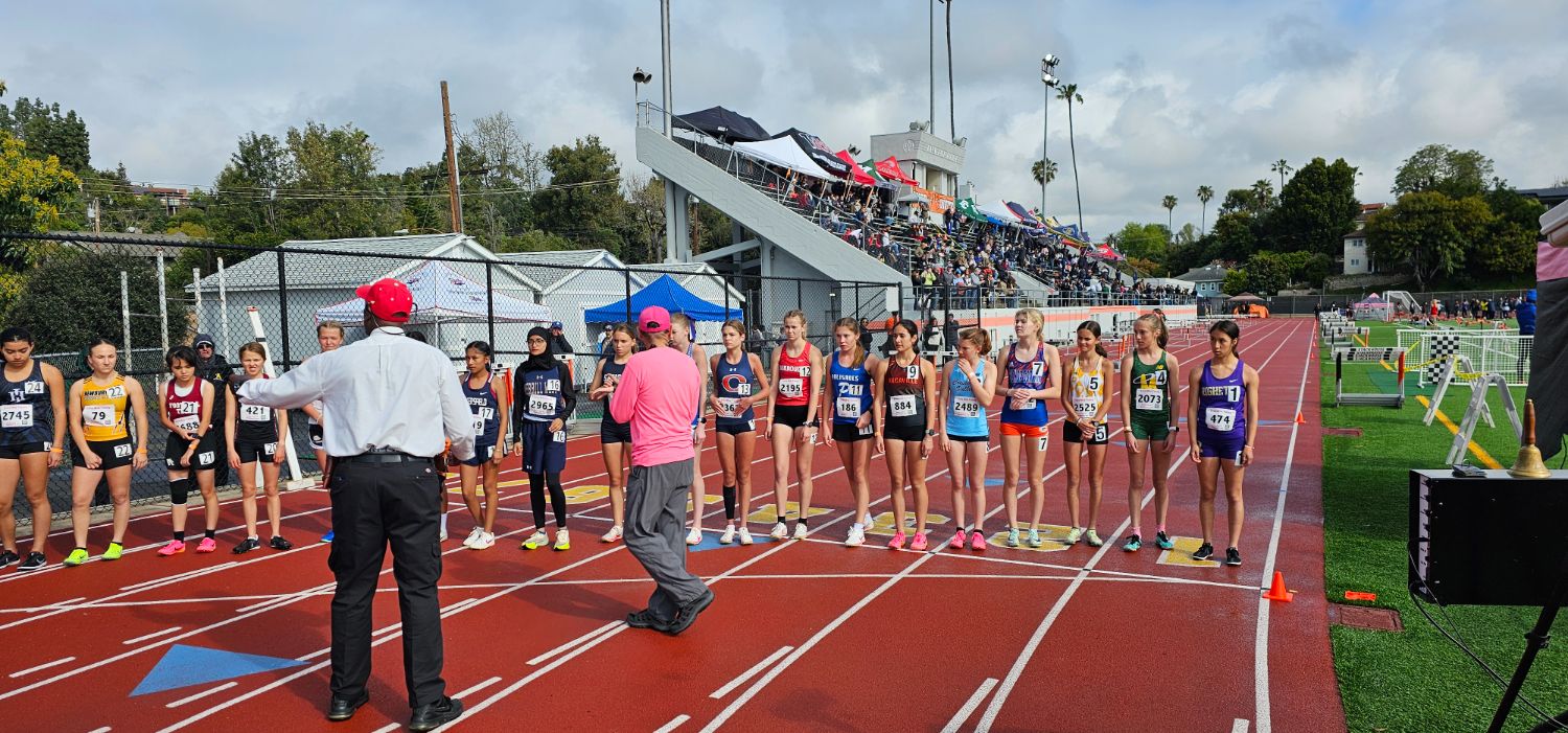 PHOTO: provided by CB Richards | The South Pasadenan | High school track and field athletes on the starting line for the 1600m race at the 2024 Tiger Invitational at South Pasadena High School.