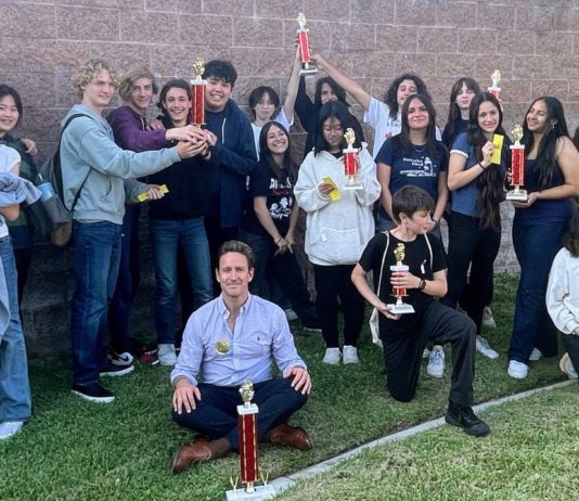 PHOTO: Todd Edwards | The South Pasadenan | South Pasadena Middle School drama students celebrate a first-place victory at the 2024 DTASC Shakespeare Festival. 