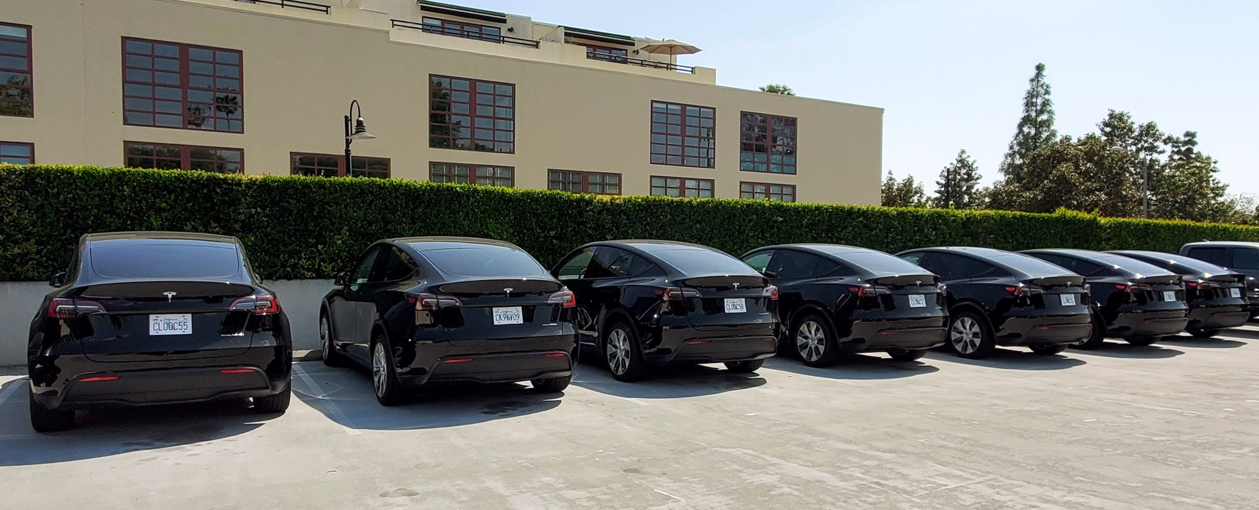 PHOTO: TESLA - Tina Kistinger | The South Pasadenan News | Newly delivered Tesla Model 3's near the South Pasadena Police Station. The next steps include converting the vehicles into fully operational police units, and installing the charging stations.