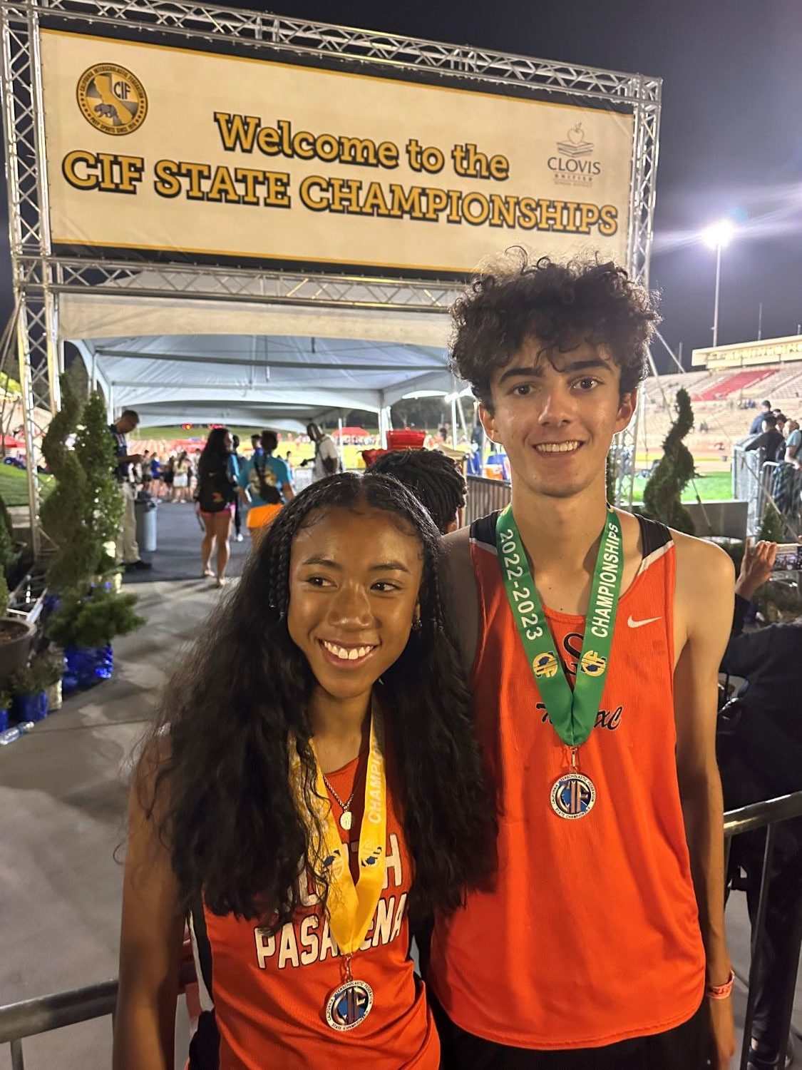 PHOTO: Mike Parkinson | The South Pasadenan | SPHS Track and Field athletes Mia Holden and Keeran Murray after receiving their medals at the CIF State Championship 2023.