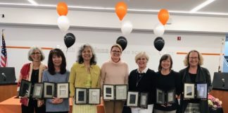 PHOTO: SPUSD | The South Pasadenan | SPUSD retirees from left to right: Amy Blum, Leslie Matsunaga, Laurie Narro, Sharon Reed, Kim Sinclair, Ann Foster and Natasha Prime celebrate during an employee recognition ceremony on Thursday, May 25, 2023. (Not pictured: Amy Barker)