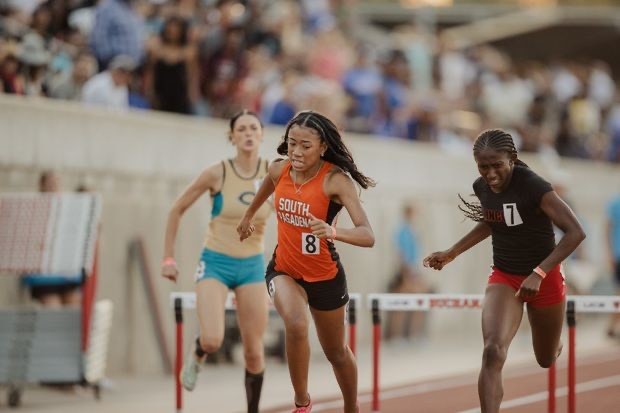 PHOTO: Richard Tran | The South Pasadenan | SPHS Track and Field athlete Mia Holden in the 300m Hurdles at the CIF State Championships 2023.