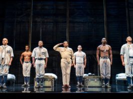 PHOTO: Joan Marcus | The South Pasadenan | (From L) Howard Overshown, Malik Esoj Childs, Tarik Lowe, Eugene Lee, Will Adams, Sheldon D. Brown, and Branden Davon Lindsay in the National Tour of “A Soldier's Play” playing at Ahmanson Theatre May 23 through June 25, 2023.