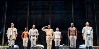 PHOTO: Joan Marcus | The South Pasadenan | (From L) Howard Overshown, Malik Esoj Childs, Tarik Lowe, Eugene Lee, Will Adams, Sheldon D. Brown, and Branden Davon Lindsay in the National Tour of “A Soldier's Play” playing at Ahmanson Theatre May 23 through June 25, 2023.
