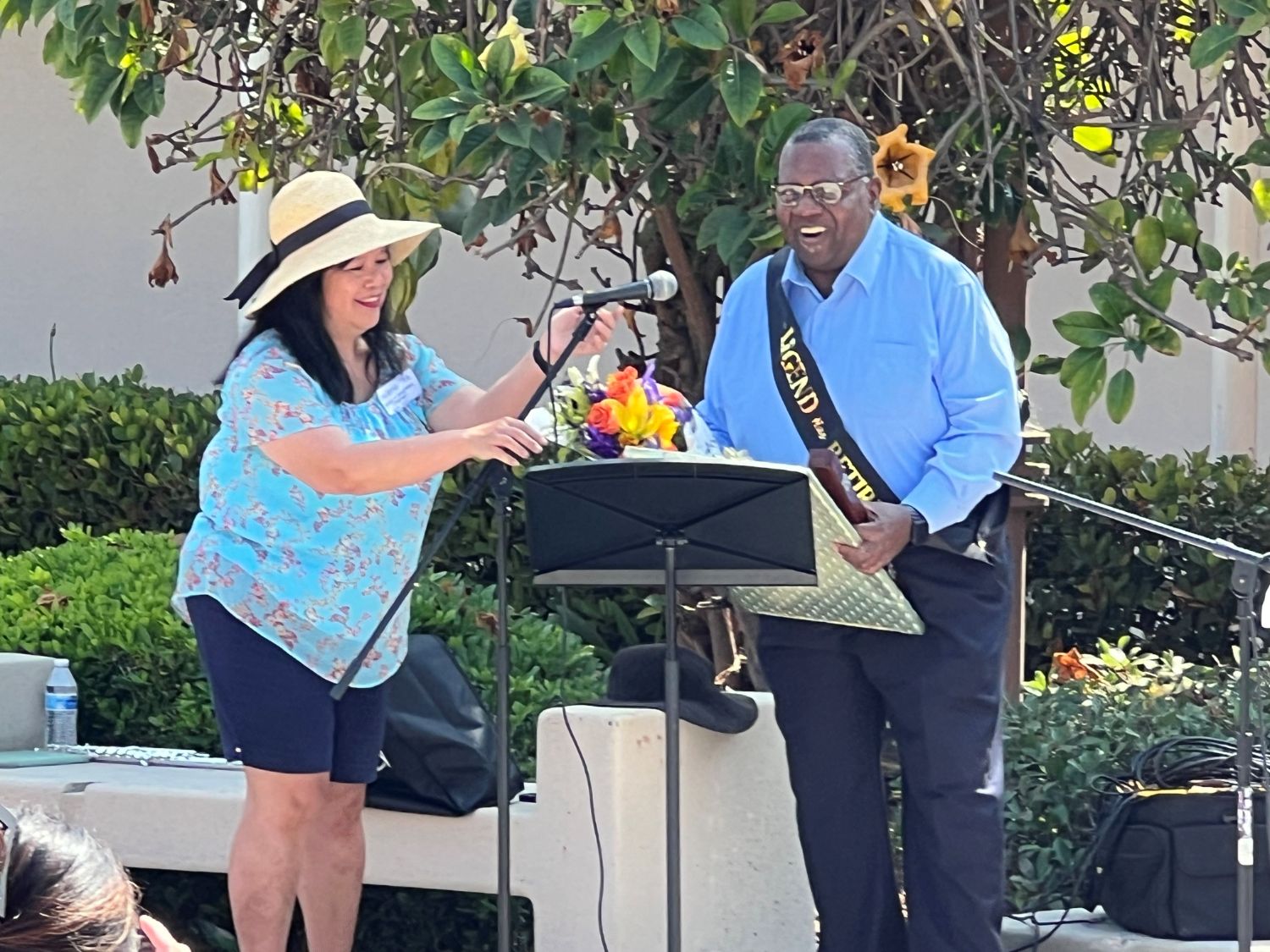 PHOTO: provided by Lauren Black | The South Pasadenan | Helena Yee, left, was part of the SPHS Music Boosters from 2014 to 2021. She’s alongside Howard Crawford, the SPHS band director, who said he was deeply honored by the retirement recognition.
