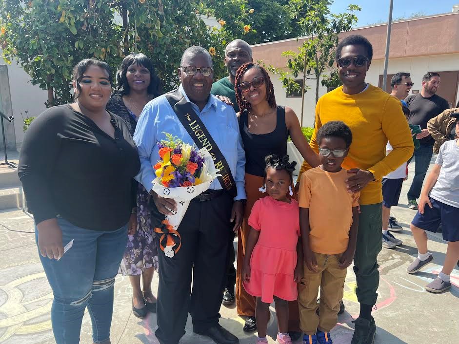 PHOTO: provided by Lauren Black | The South Pasadenan | Howard Crawford longtime teacher and band director at South Pasadena, joined his family for a photo as part of a retirement celebration for him last Saturday in the Tiger Patio on campus.
