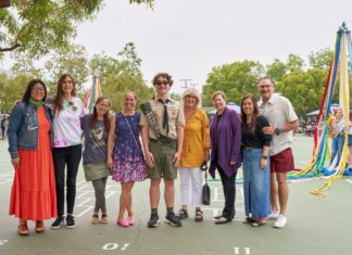 PHOTO: Eric Staudenmaier | South Pasadenan | Otto and his former teachers (and past principals) still at Marengo, L-R: Tiffany Lewis, Katherine Perry, Valerie Omine, Rachael Wong, Otto Staudenmaier, Kim Sinclair, Patricia Cheadle, Principal Noelle Fong, Ron Aschieris.