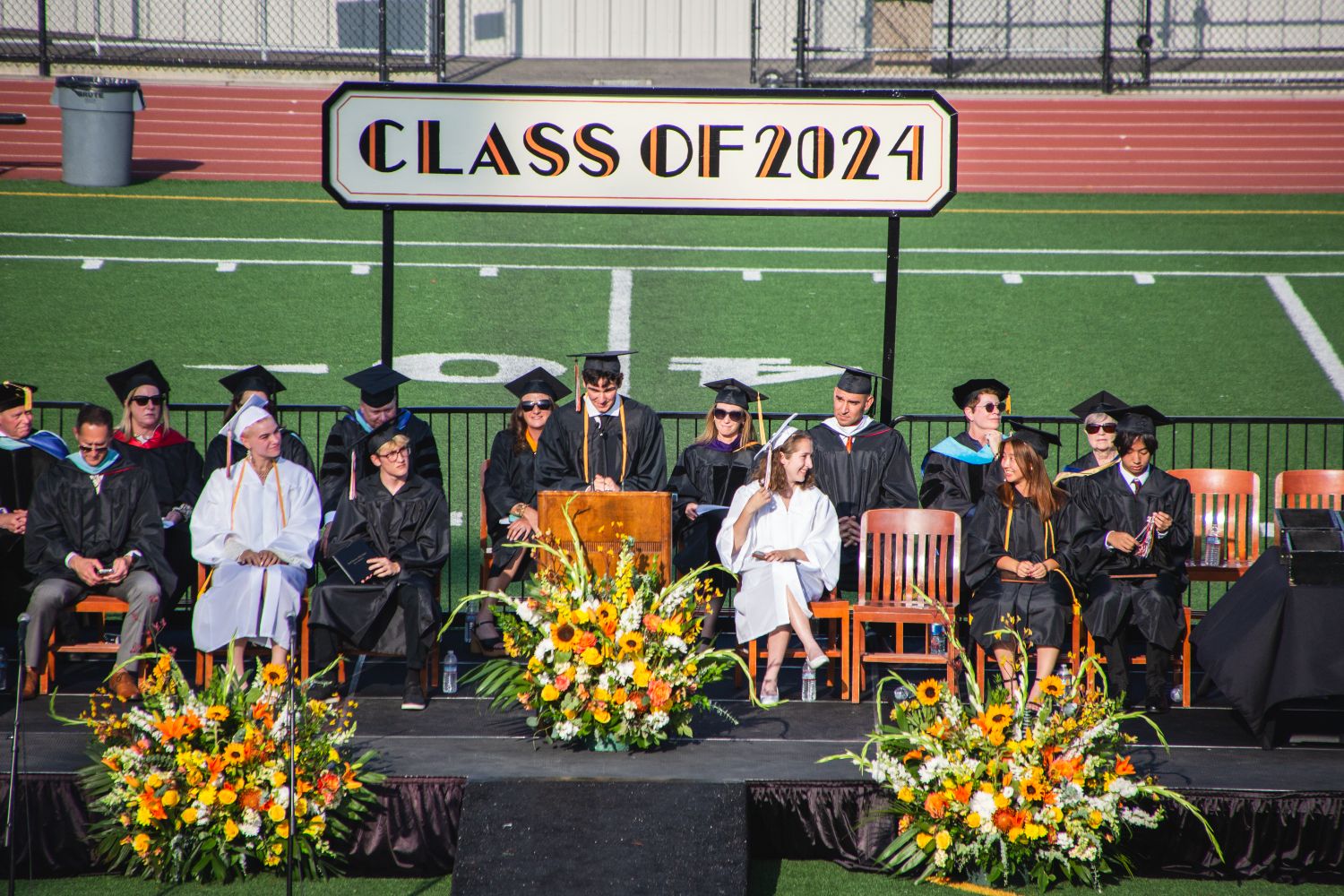 PHOTO: Shari Correll | The South Pasadenan | addresses the Class of 2024 graduates at Ray Solari stadium at South Pasadena High School.
