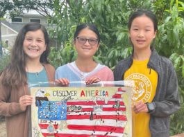 PHOTO: SPARC | The South Pasadenan | 4th of July poster contest finalists Marisola Barba, Seraph Wu, and Cleo Zhang with their entry "Discover America Together".