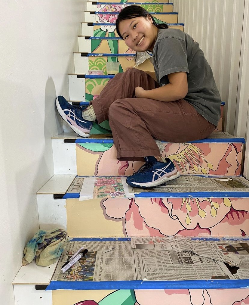 PHOTO: Quincy Sakai | The South Pasadenan | Quincy Sakai working on the Cranes for a Change mural at Maya Salon in South Pasadena.