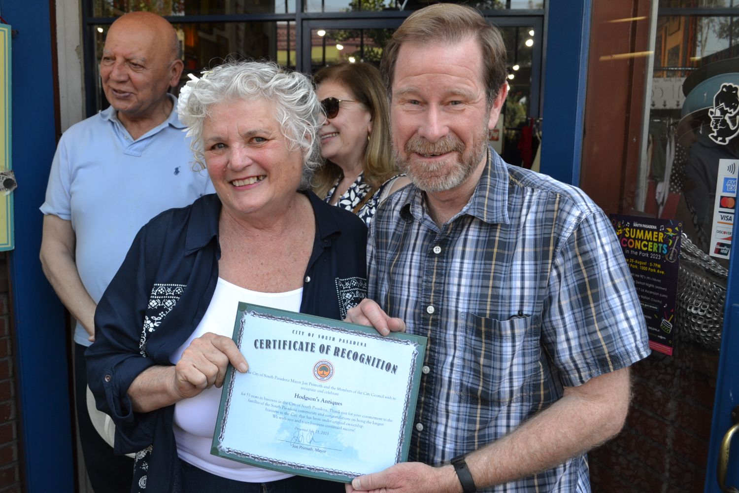 PHOTO: Alisa Hayashida | The South Pasadenan | Hodgson's Antiques owner, Peggy Hodgson, pictured with South Pasadena Mayor, Jon Primuth, on the occasion of the celebration of Hodgson's 52 years in business. 