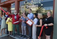 PHOTO: Alisa Hayashida | The South Pasadenan | Tarot Arts celebrates its grand opening with a ribbon cutting. Pictured l-r: Chamber Board Member Karla Thompson, City Councilmember Evelyn Zniemer, City Councilmember Michael Cacciotti, Tarot Arts owner Willaim Toro, Mayor Jon Primuth, Tarot Arts owner Phillip Gibson, Erica Nam from Anthony Portantino's office, City Councilmember Janet Braun, and Chamber Ambassador Chantal Garcia.