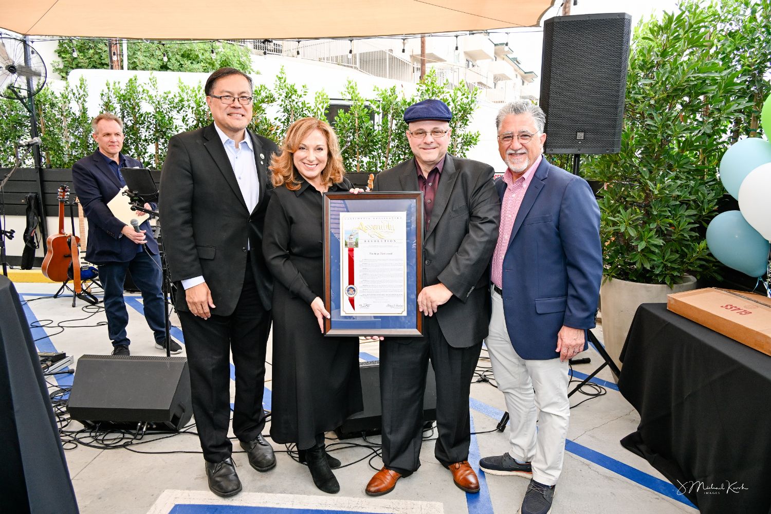 PHOTO: Mike Kwok | The South Pasadenan | Tanya Christos and Greg Mallis (center), Twohey’s Restaurant owners, are presented with a members’ resolution from the state of California legislature by (left to right) Assemblymember Mike Fong, District 49, and State Senator Anthony Portantino, 25th District, at an 80th Anniversary event held at the eatery Sept. 20, 2023.