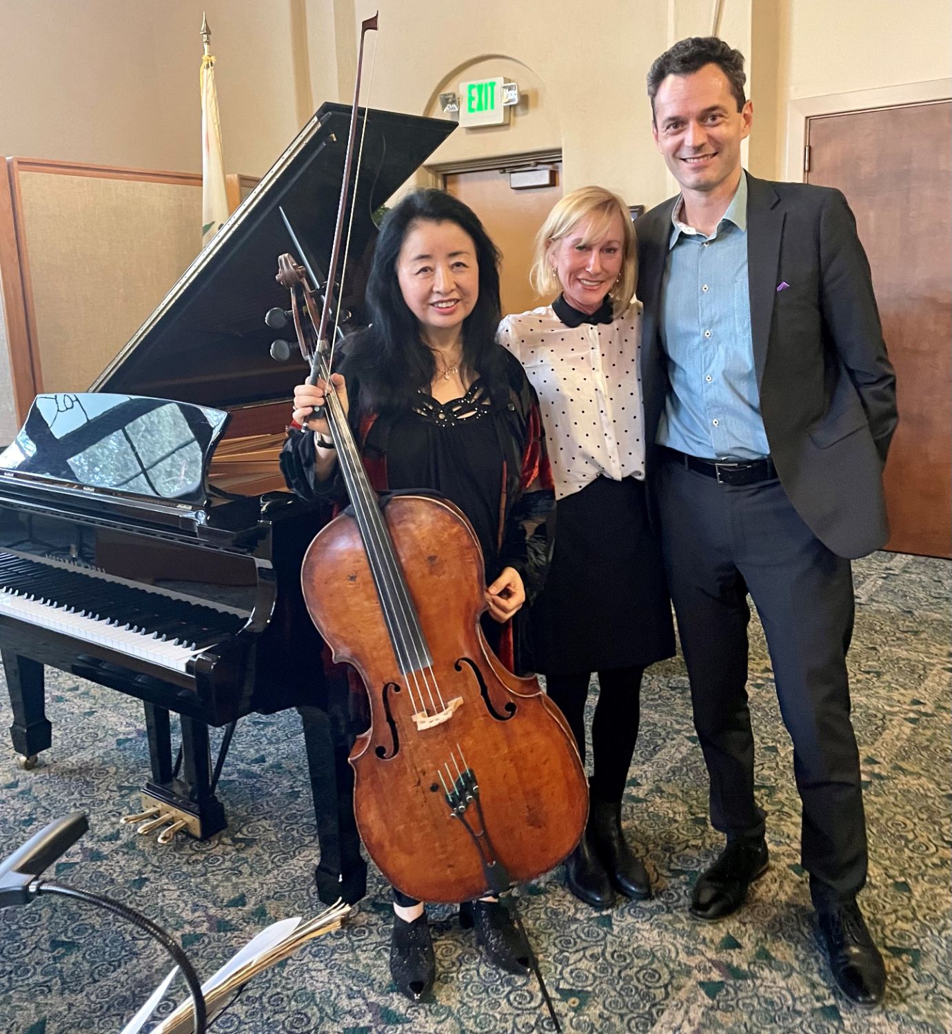 PHOTO: provided by Friends of South Pasadena Library | The South Pasadenan | Cellist Cecilia Tsan and pianist Steven Vanhauwaert pictured with composer Nan Schwartz.