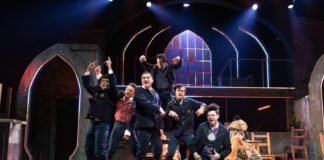 PHOTO: Jenny Graham | The South Pasadenan | (L to R) Marcus Phillips, Jaylen Baham, Thomas Winter, James Everts, Evan Pascual, and CJ Cruz perform “Bitch of Living” in Spring Awakening at East West Players.