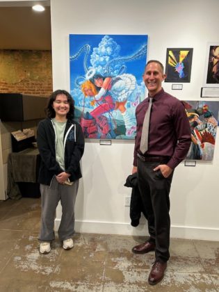 PHOTO: provided by Aimee Levie | The South Pasadenan | Visual arts exhibitor, Aislinn Meza with SPHS Principal John Eldred at the 2023 PTSA Reflections Exhibit at SPARC Gallery.