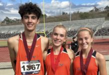 PHOTO: provided by SPHS Cross Country | The South Pasadenan | SPHS runners Keeran Murray, Abby Errington, and Saidbh Byrne at the CIF Finals