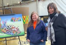 PHOTO: Sally Kilby | The South Pasadenan | PHOTO: Sally Kilby | SPTOR Decoration Chair, Janet Benjamin, with KTLA's Gayle Anderson paying a visit to the South Pasadena Tournament of Roses float site on December 11, 2023.