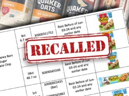 FOOD RECALL: Quaker Oats Granola Products. Grocery store shelves with canisters of Quaker brand old fashioned oats oatmeal.