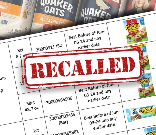 FOOD RECALL: Quaker Oats Granola Products. Grocery store shelves with canisters of Quaker brand old fashioned oats oatmeal.
