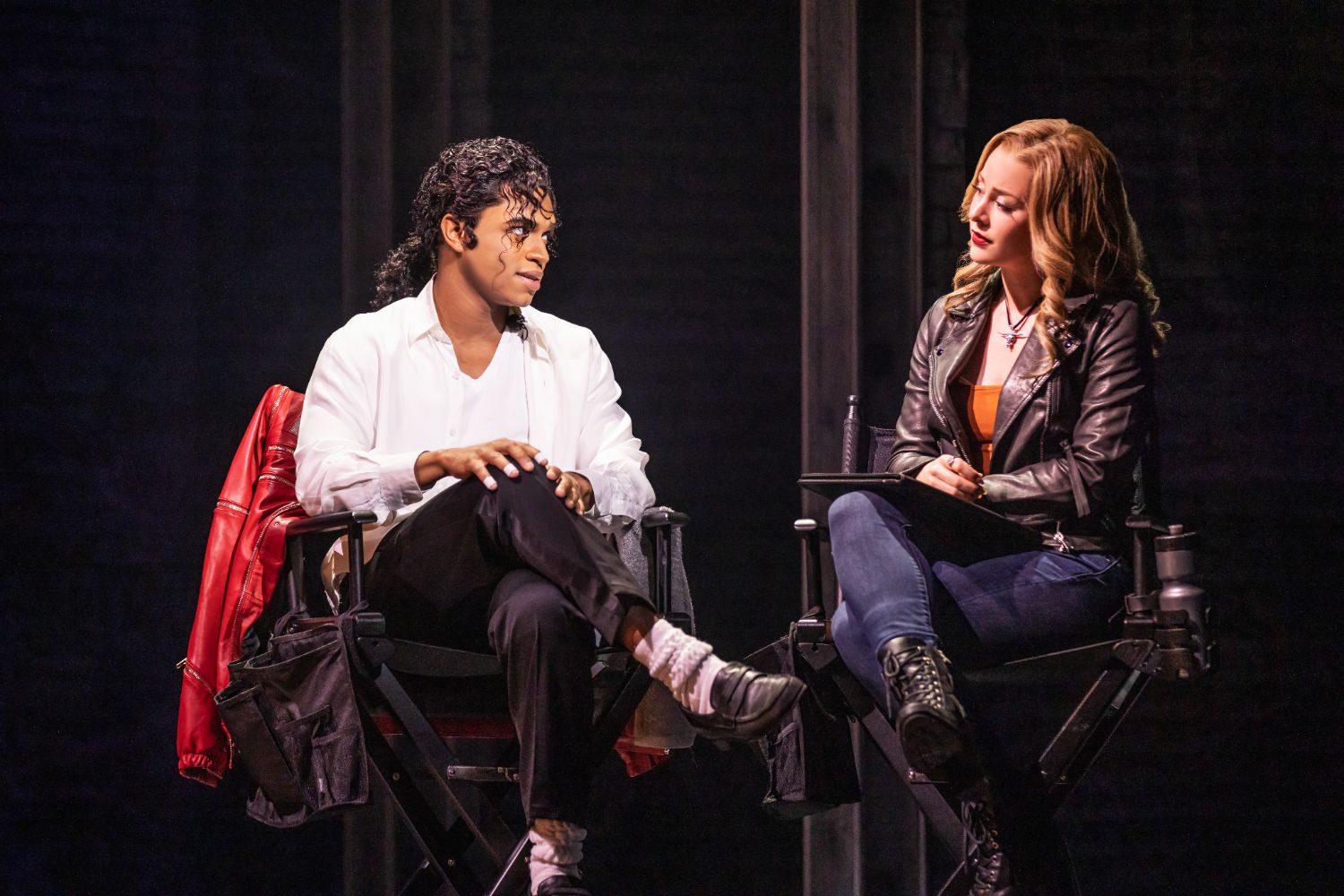 PHOTO: Matthew Murphy | The South Pasadenan | Roman Banks as Michael Jackson and Mary Kate Moore as Rachel (an MTV interviewer) in MJ The Musical national tour.